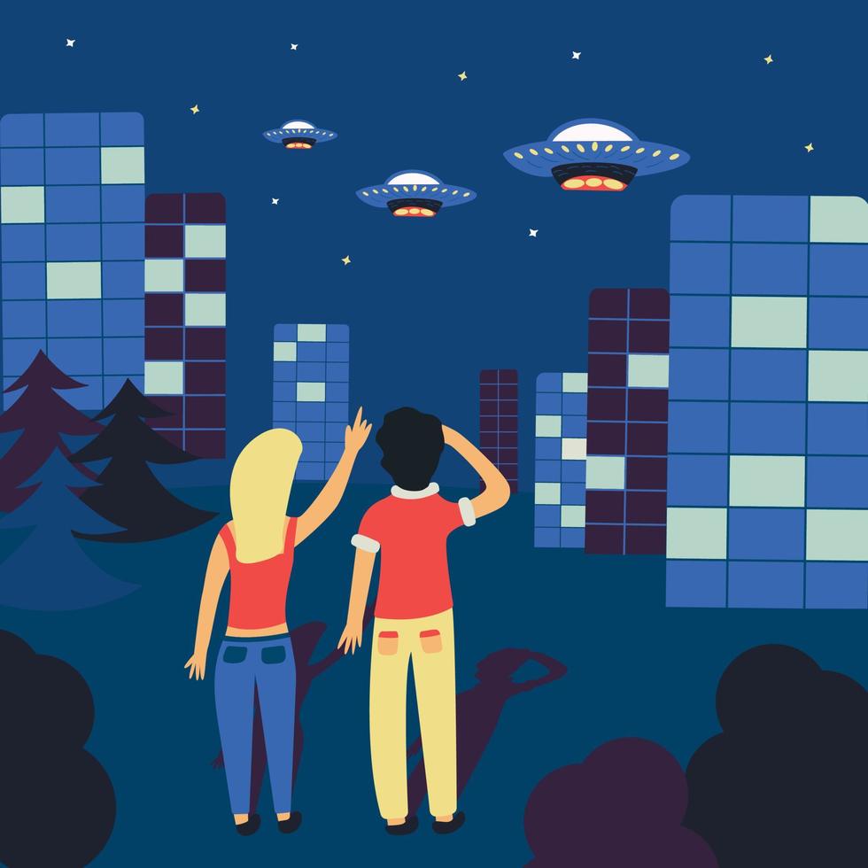 People are looking at UFOs. Hand drawn vector