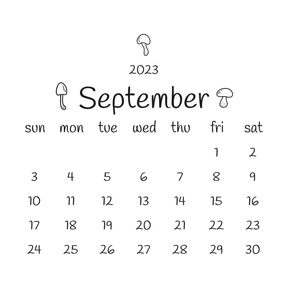 Calendario de septiembre de 2023 con setas de temporada. garabato vectorial vector