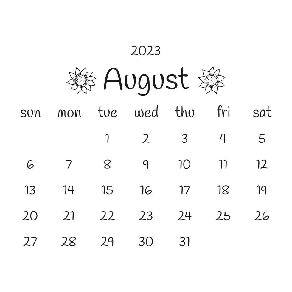 2023 august calendar with sunflower flowers. Vector design