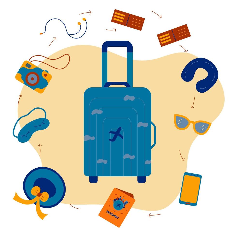 Blue suitcase for travel. Picking things up on the road vector