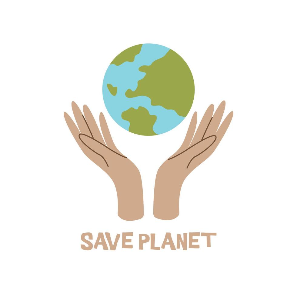 Hands holding the plane. Inscription save planet. Vector