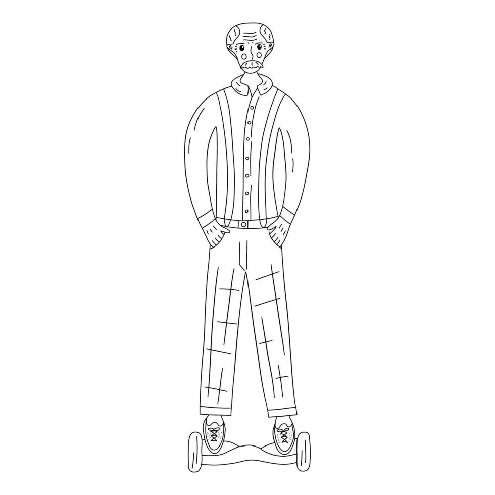 Grandfather rides a hoverboard. Vector black and white