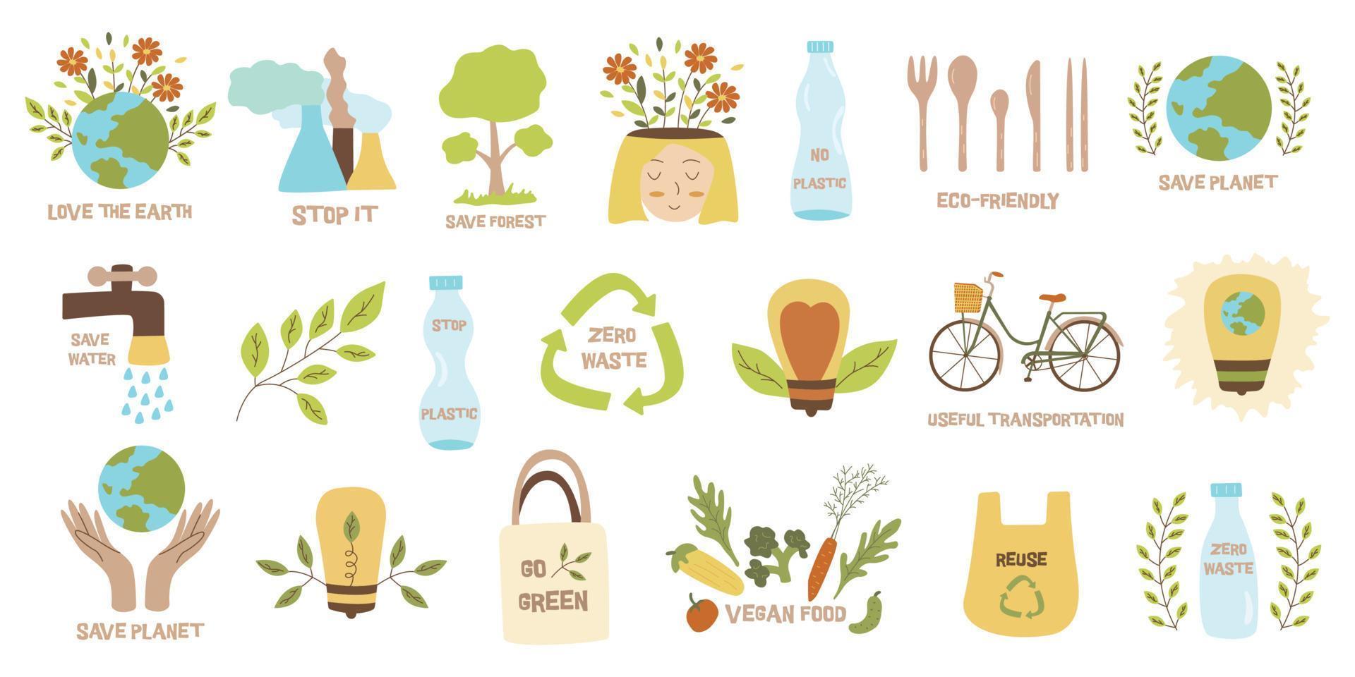 Set of elements on the theme of ecology. Vector