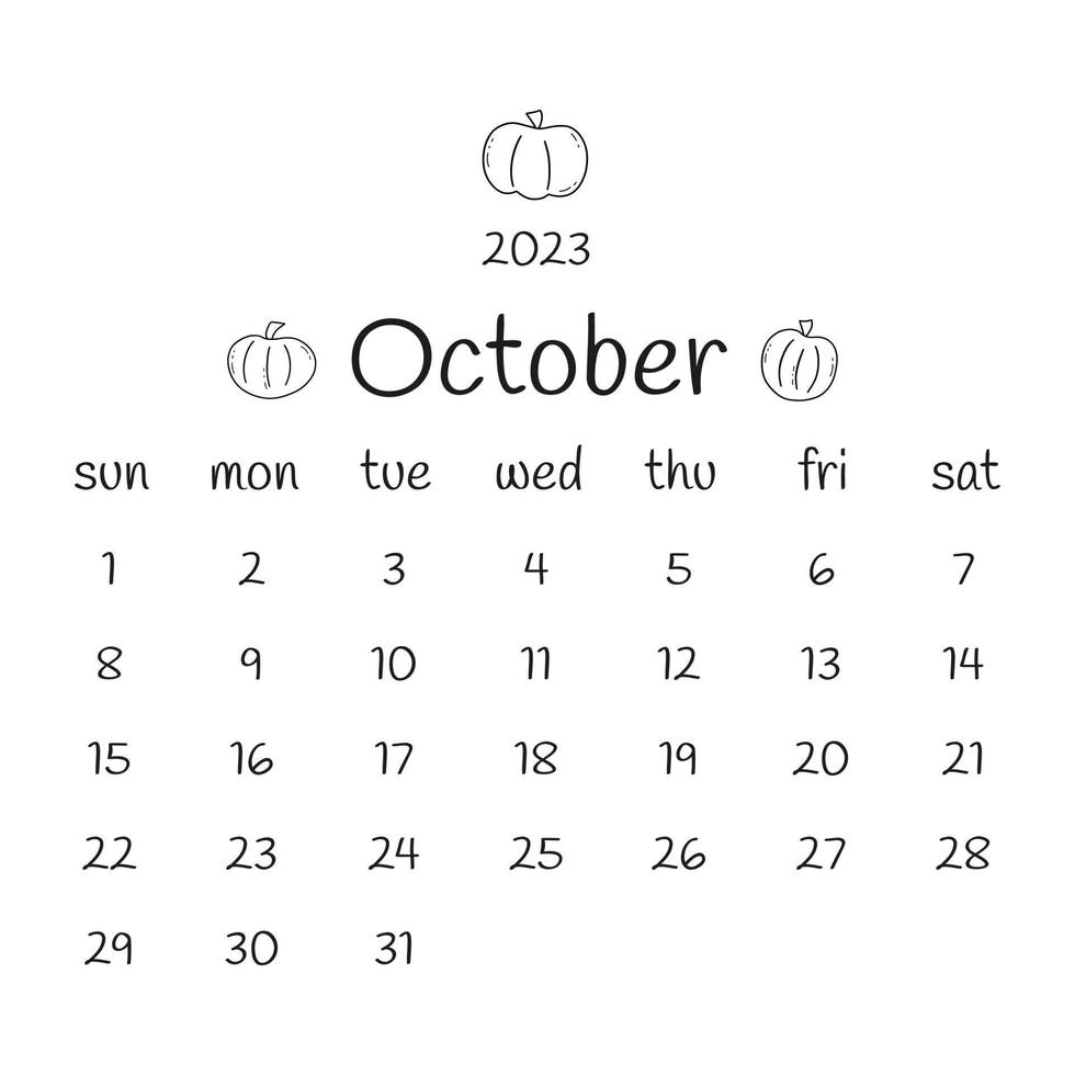 2023 october calendar with pumpkins. Vector doodle design
