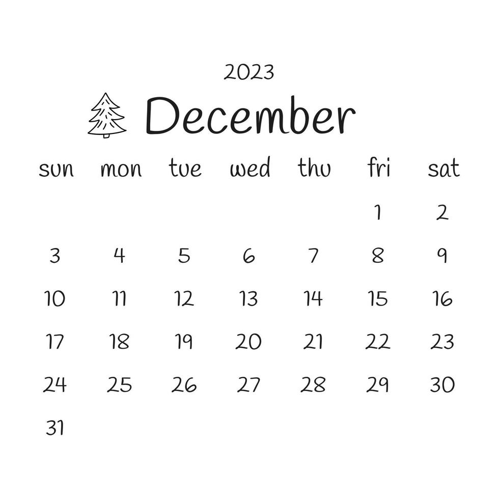 2023 december calendar with Christmas tree. Vector design