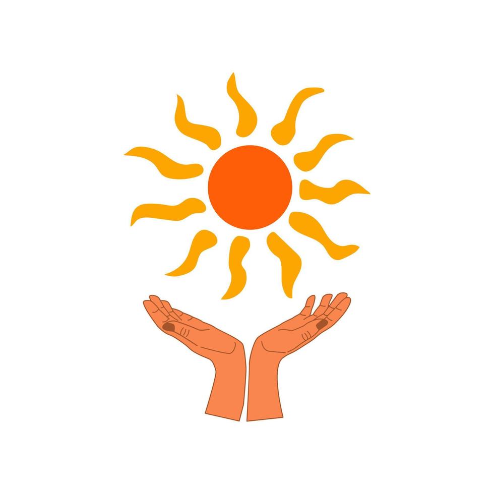 las manos sostienen el sol. Fondo blanco. vector dibujado a mano