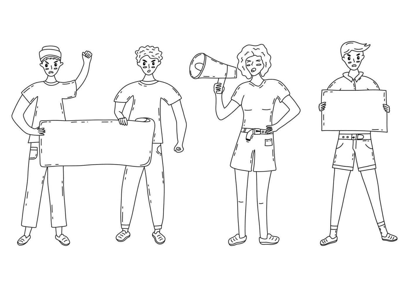 Group of protesting young people. Vector black and white