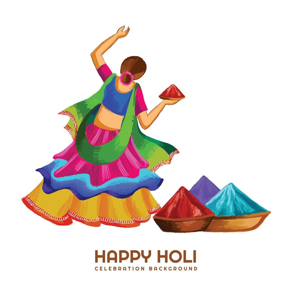 Hand draw fun women character celebrate colorful holi card background vector