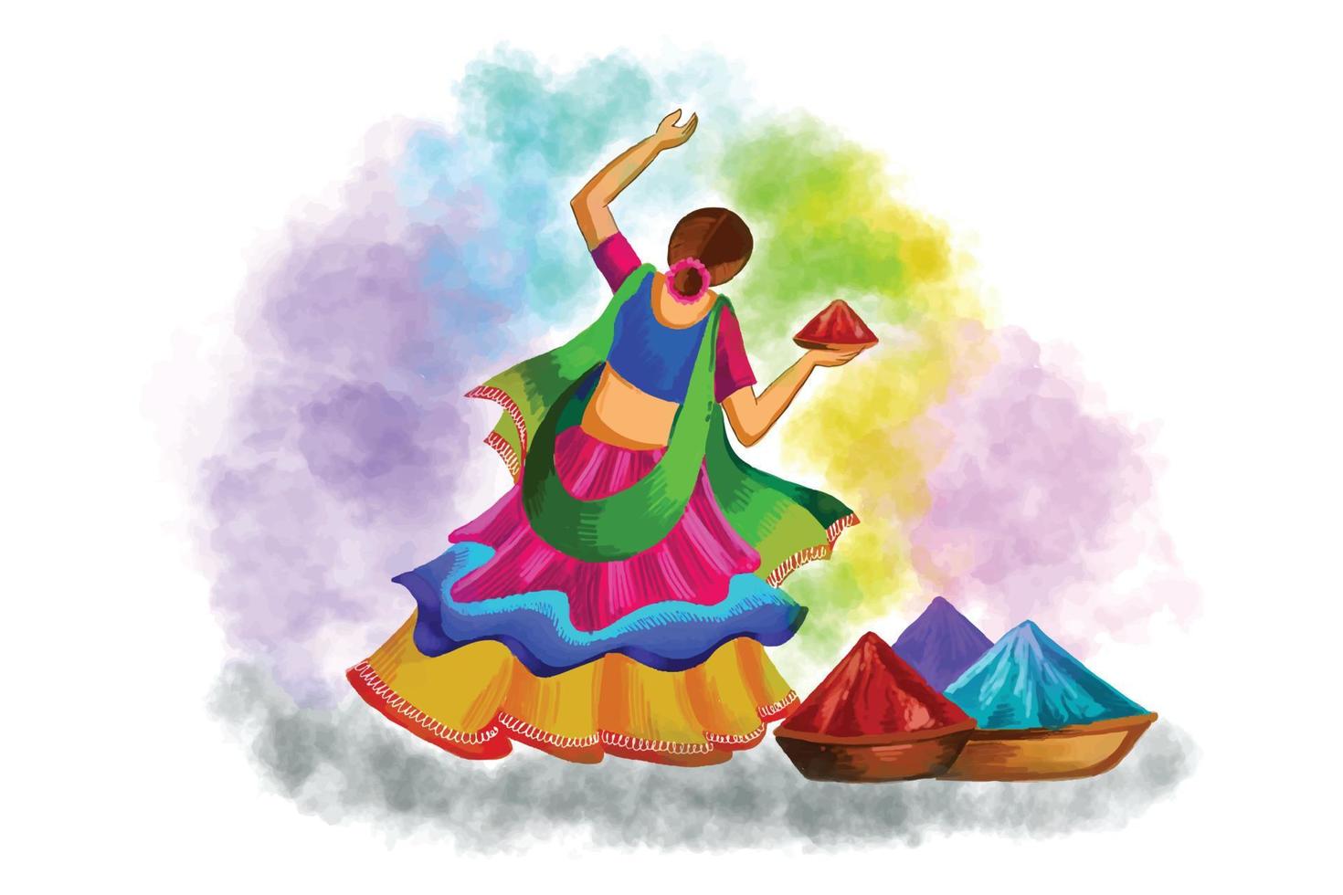 Hand draw fun women character celebrate colorful holi card background vector