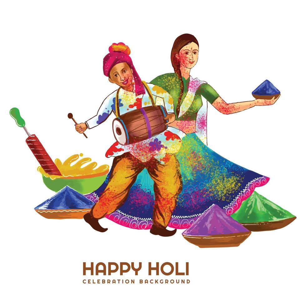 hermosa pareja jugando festival de colores feliz holi fondo colorido vector