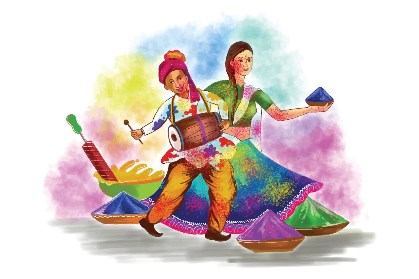 Beautiful couple playing festival of colors happy holi colorful background vector