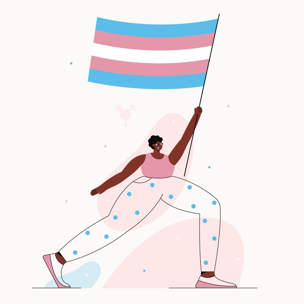 persona afroamericana transgénero con la bandera del arco iris en la mano yendo a la manifestación. vector