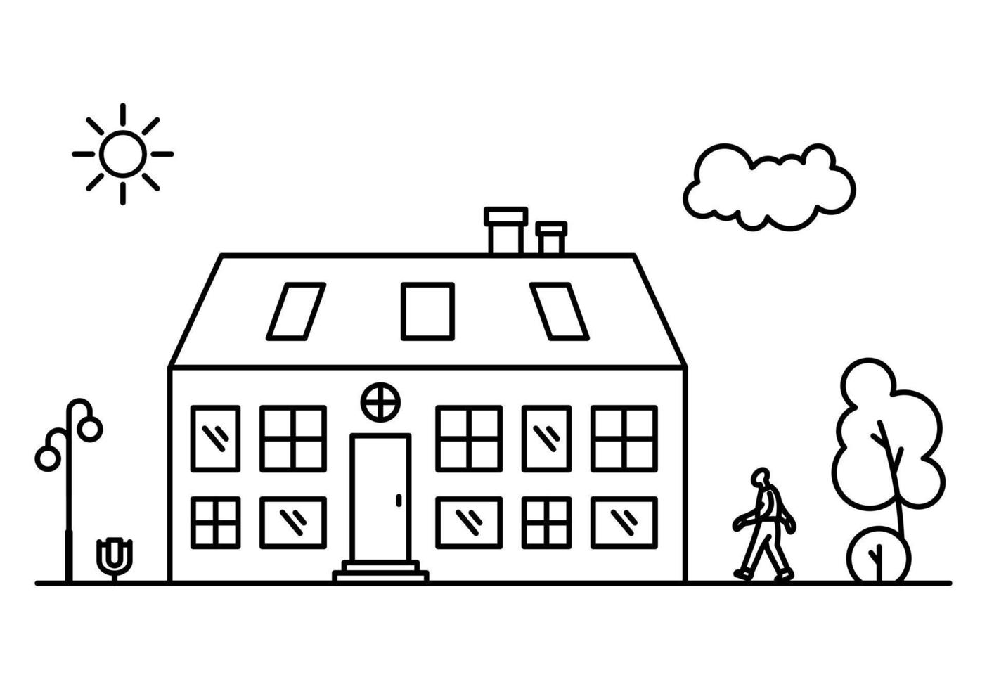 Line art vector neighborhood illustration with house.