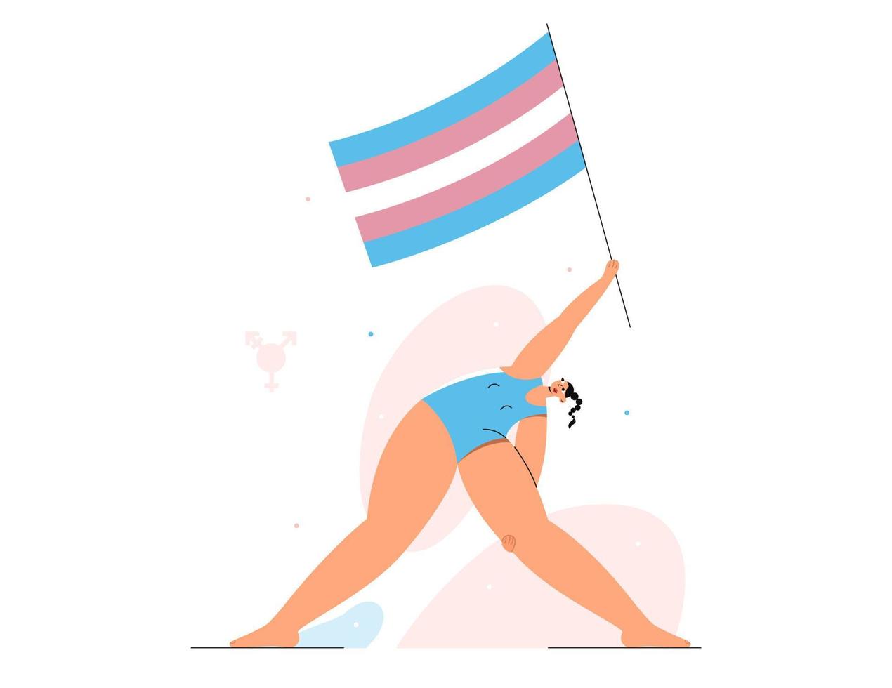 Transgender caucasian person with rainbow flag in his hand going in yoga pose. vector