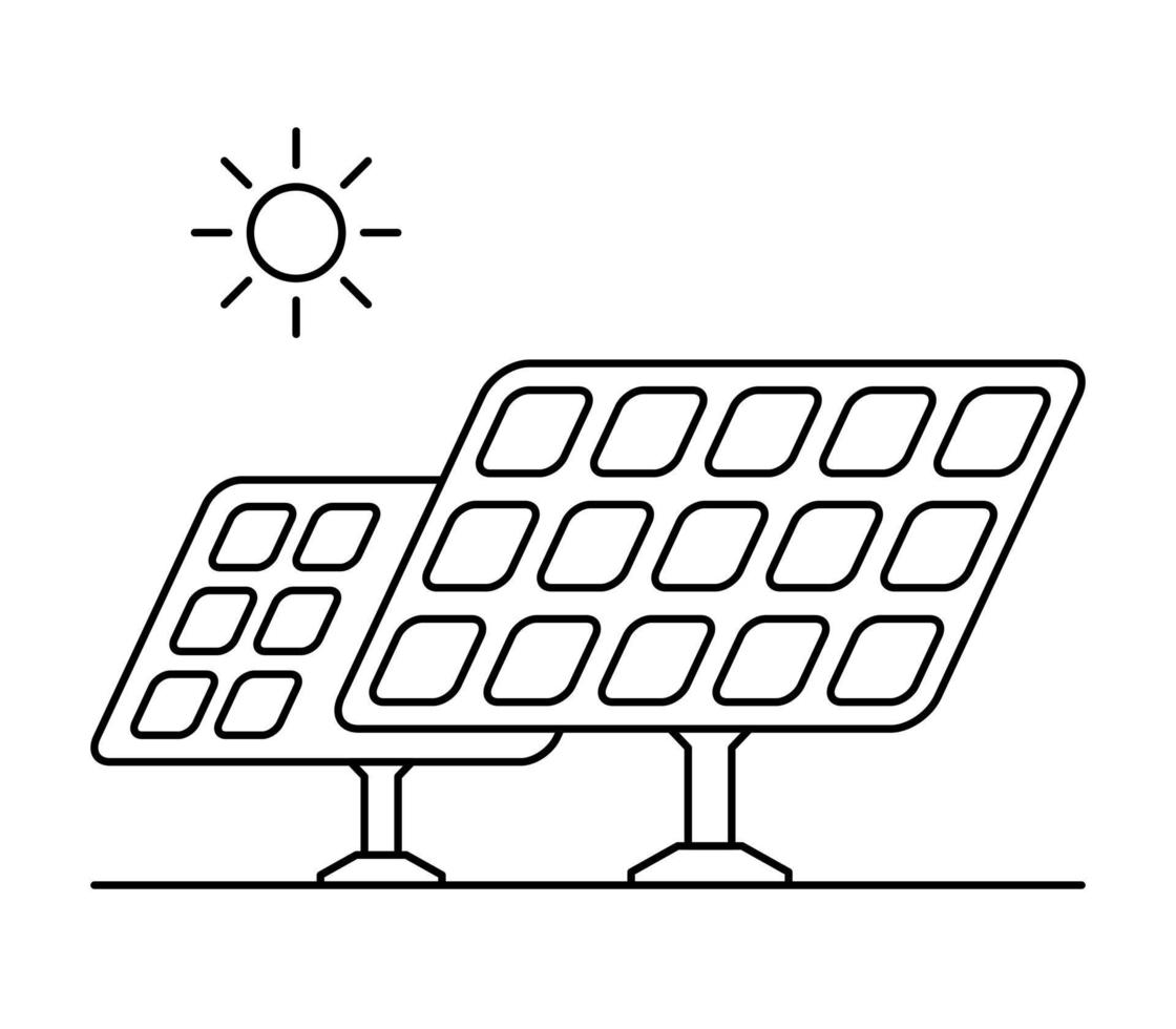 Solar power plant. Line art green energy. vector