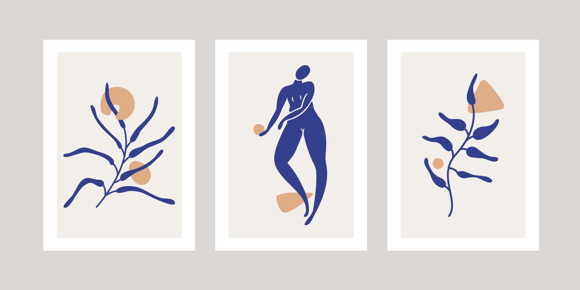 Set with abstract posters with one woman silhouettes and sea shapes. vector