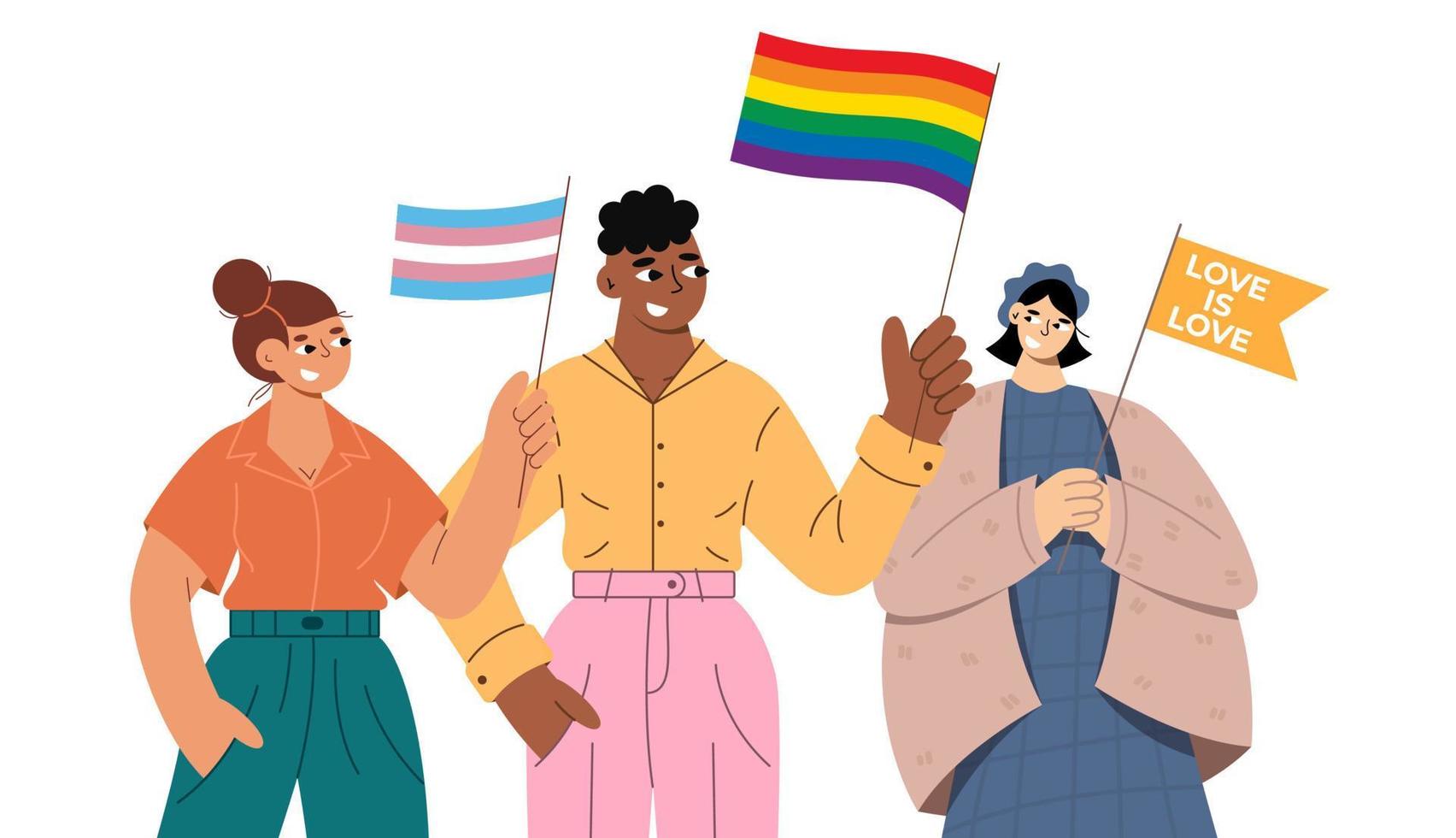 Transgender people with flags. LGBTQ pride month. vector