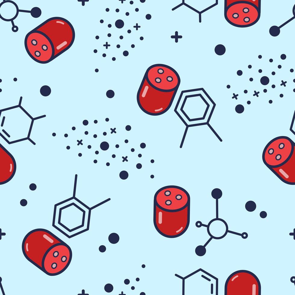 patrón impecable sobre el tema de la carne falsa cultivada en laboratorio. salchichas y elementos químicos sobre fondo azul. vector