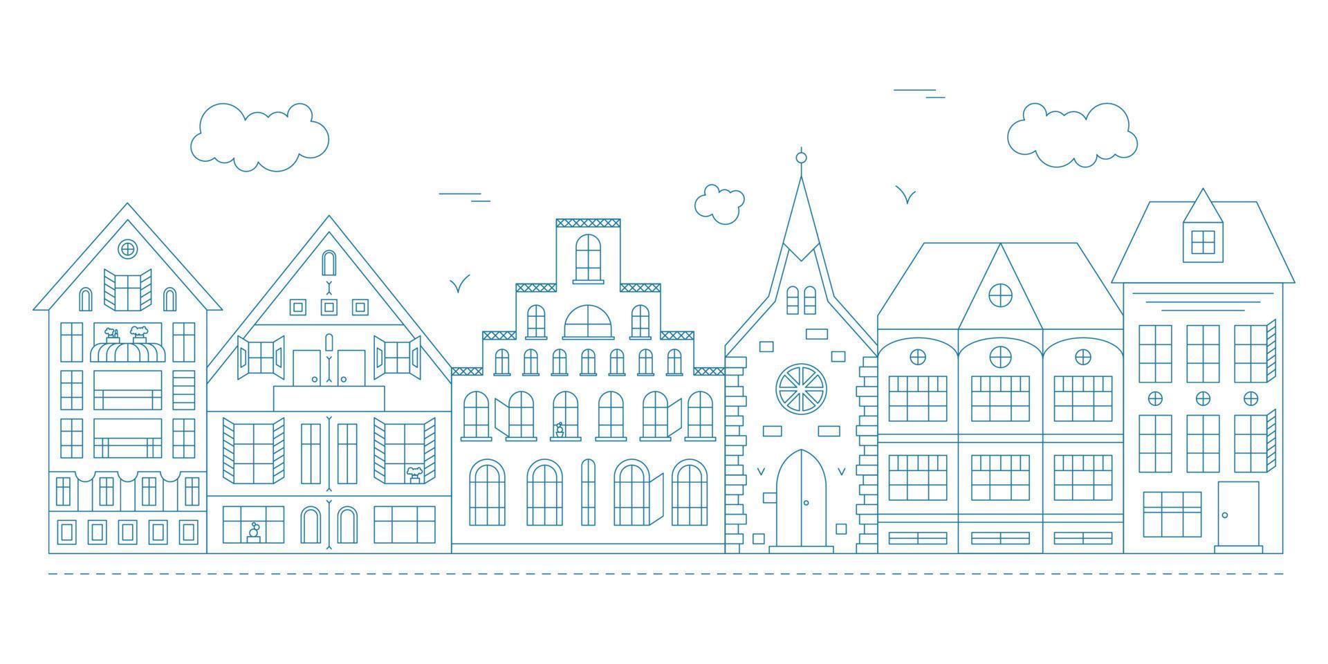 Line art illustration with suburban cityscape. Five houses and one church. vector