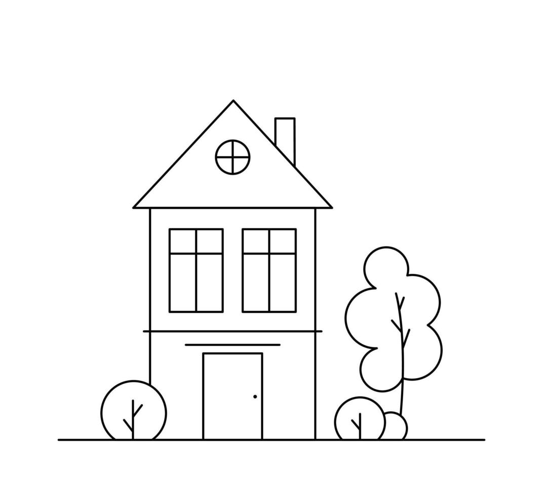 Line art vector neighborhood illustration with one house and a tree.