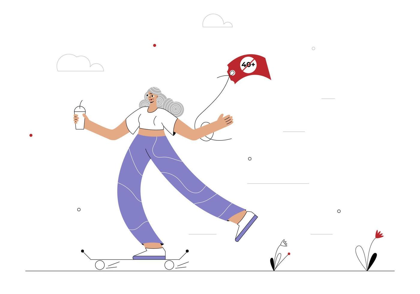 Grandmother rides skateboard with glass of coffee in her hands and age tag on her clothes. vector