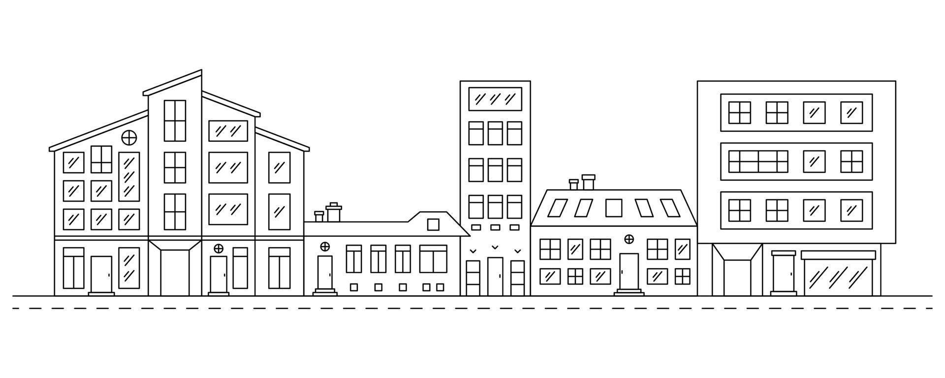 Neighborhood Line art illustration with houses. Row cityscape with black residential buildings. vector