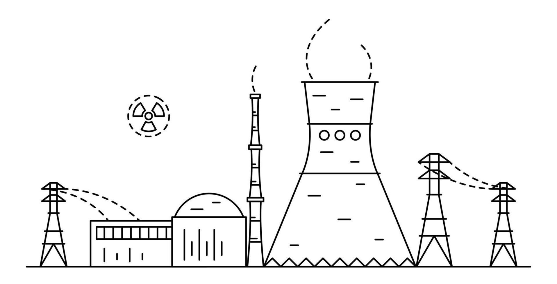 Dibujo de planta de energía nuclear o atómica en estilo de arte lineal. vector