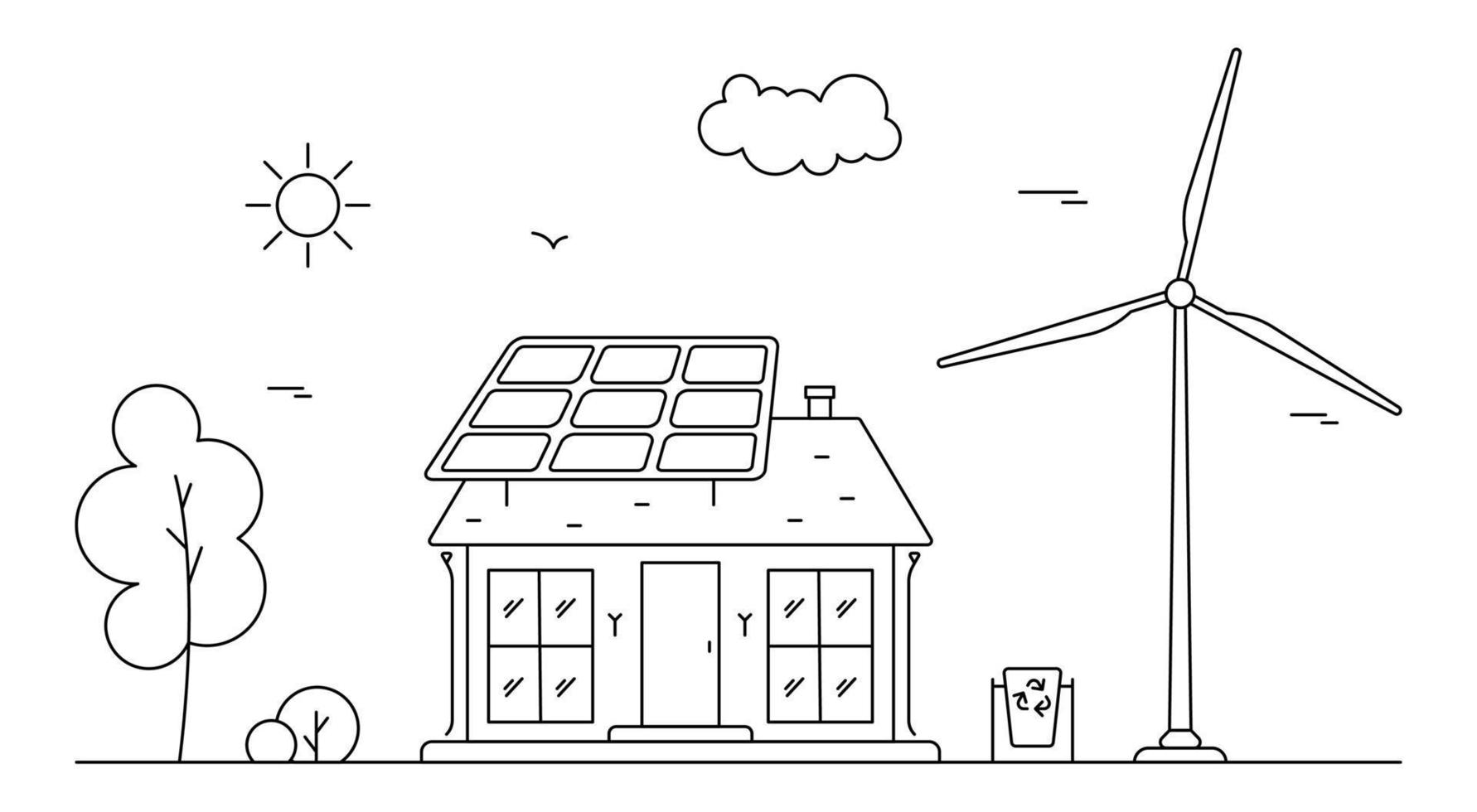 concepto de energía renovable solar y eólica. ilustración de arte de línea de barrio con coleccionista de casa, hombre y sol. vector