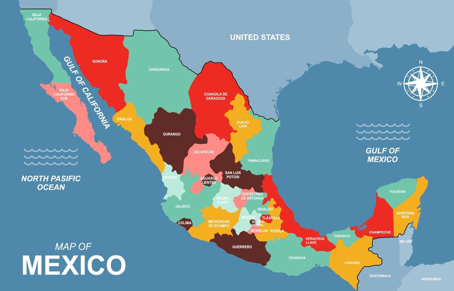 mapa de méxico con nombre de país detallado vector