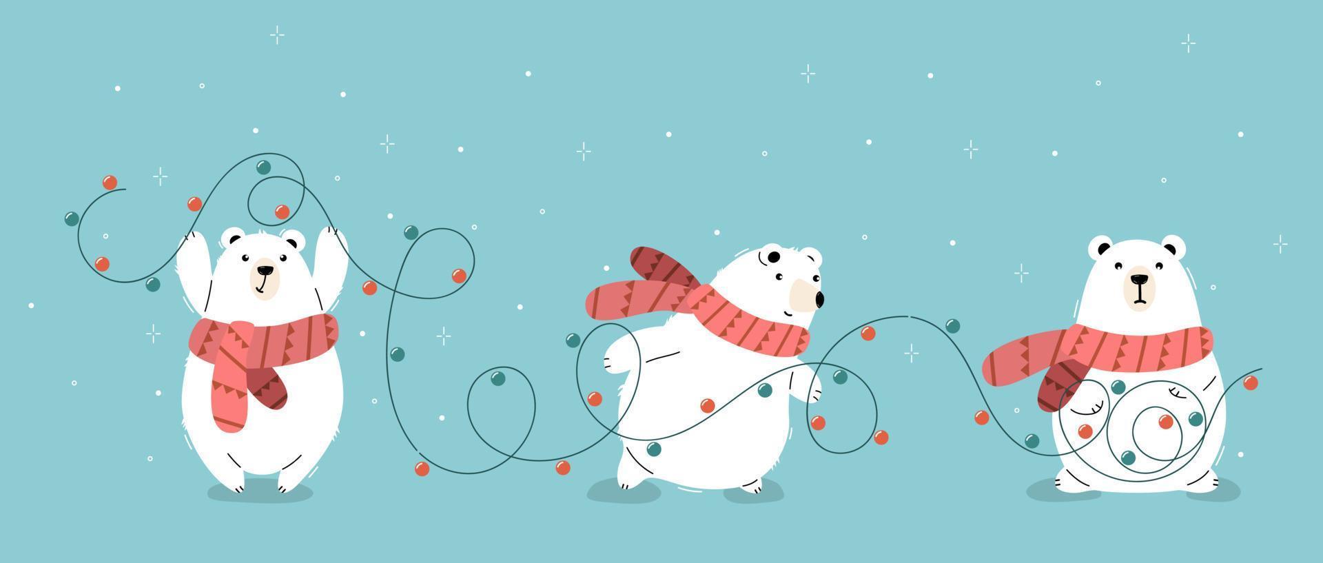 osos polares con bufandas naranjas que llevan guirnaldas para navidad. vector