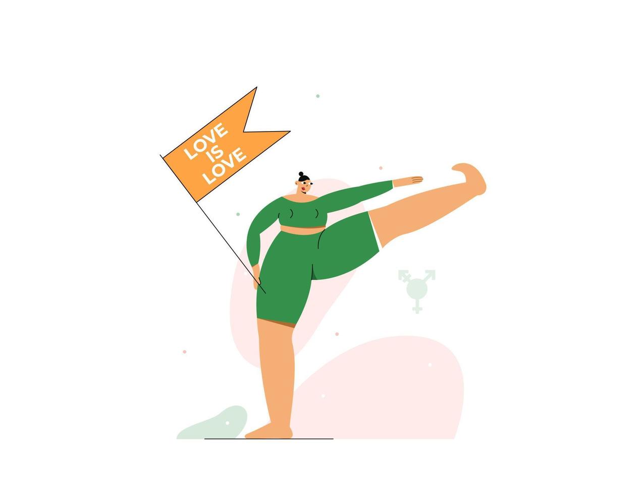 Person holds LGBT flag standing in yoga position. vector