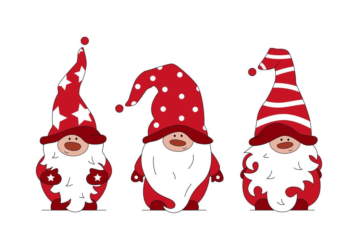 conjunto de tres gnomos barbudos festivos rojos. vector