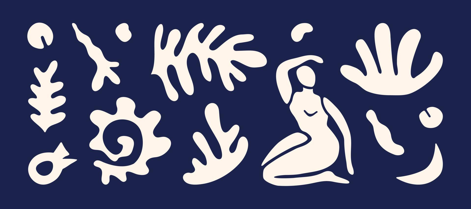 Banner with white hand-drawn sea shapes in Matisse style on blue background. vector