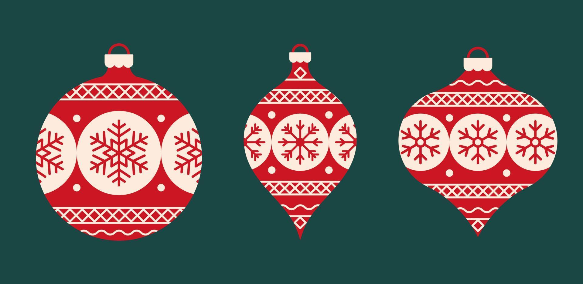 bolas de navidad conjunto de tres decoraciones rojas. vector
