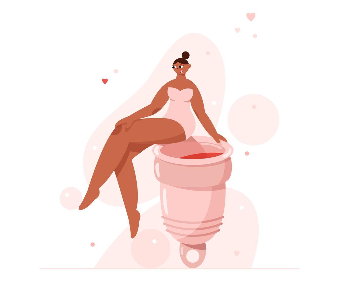 A woman sits on a menstrual cup. vector