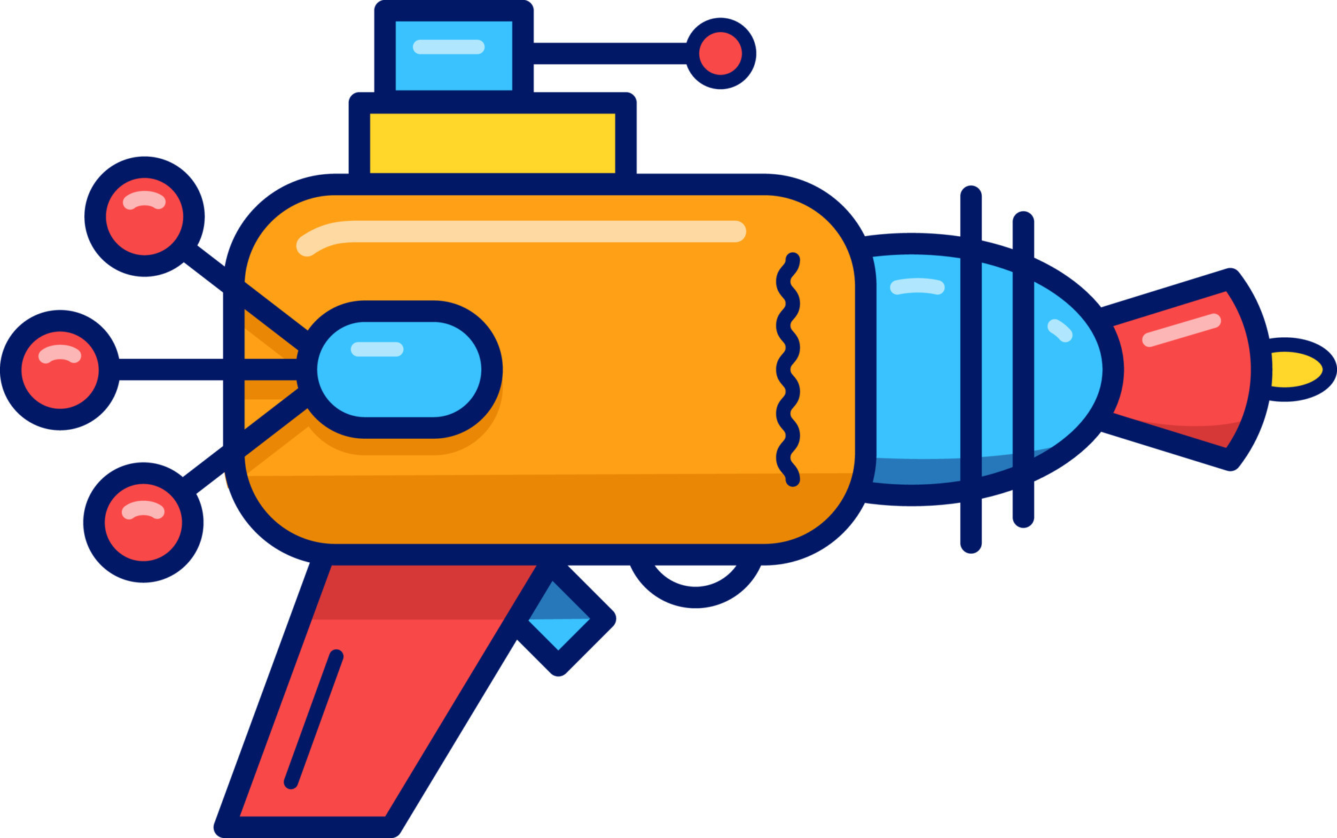 Cartoon retro space blaster, laser weapon or ray gun on white