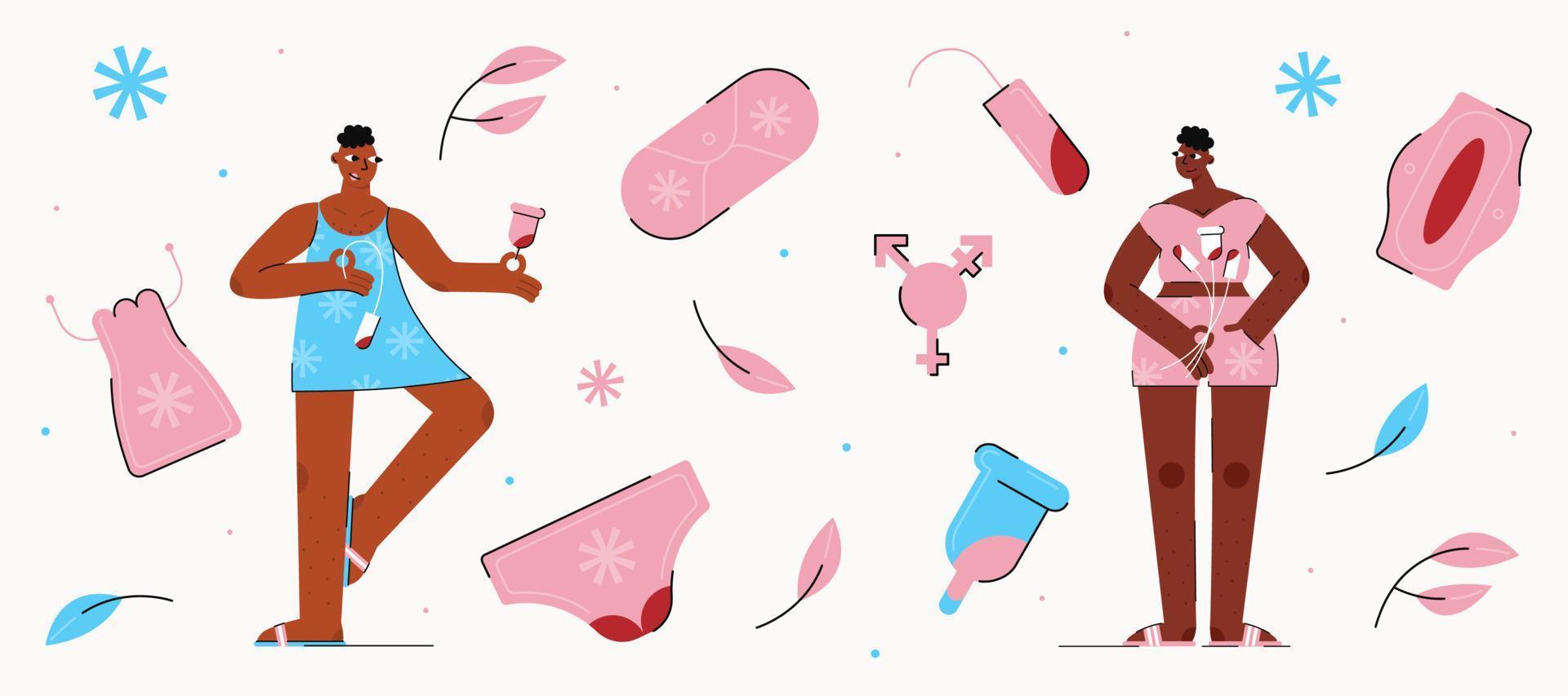 Accessories for menstruation with two African-American transgender people drawn in pink and blue tones. vector