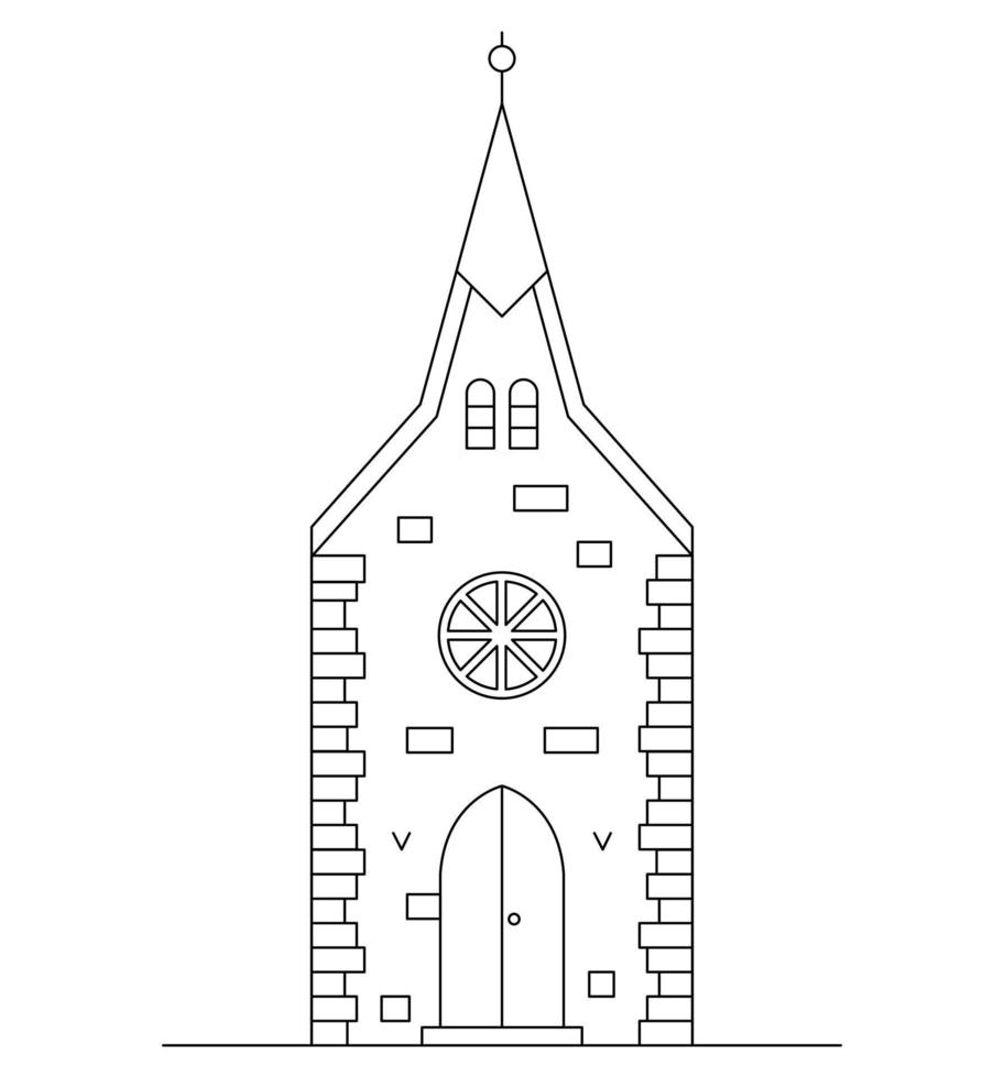 Line art illustration with suburban cityscape. Five houses and one church. vector