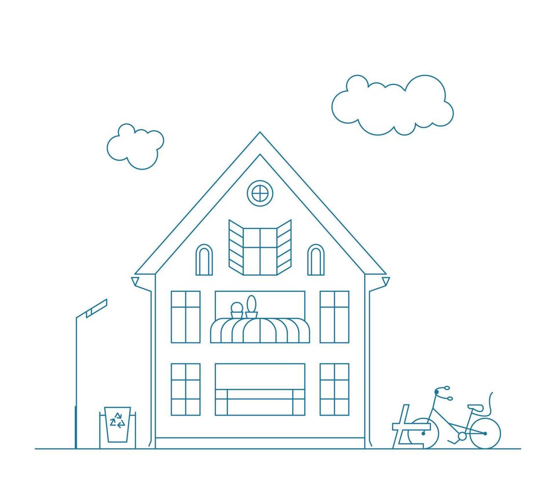 Line art vector neighborhood illustration with one house and a tree.