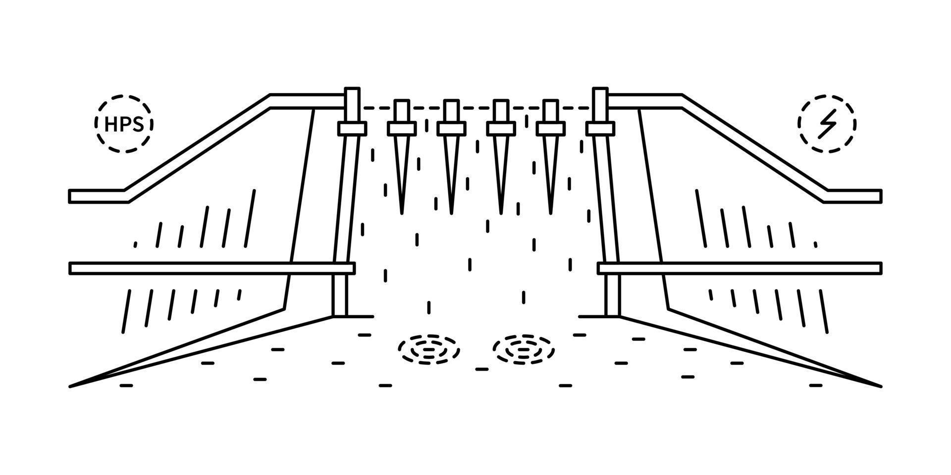 Hydropower station. Green energy. Line art concept. vector