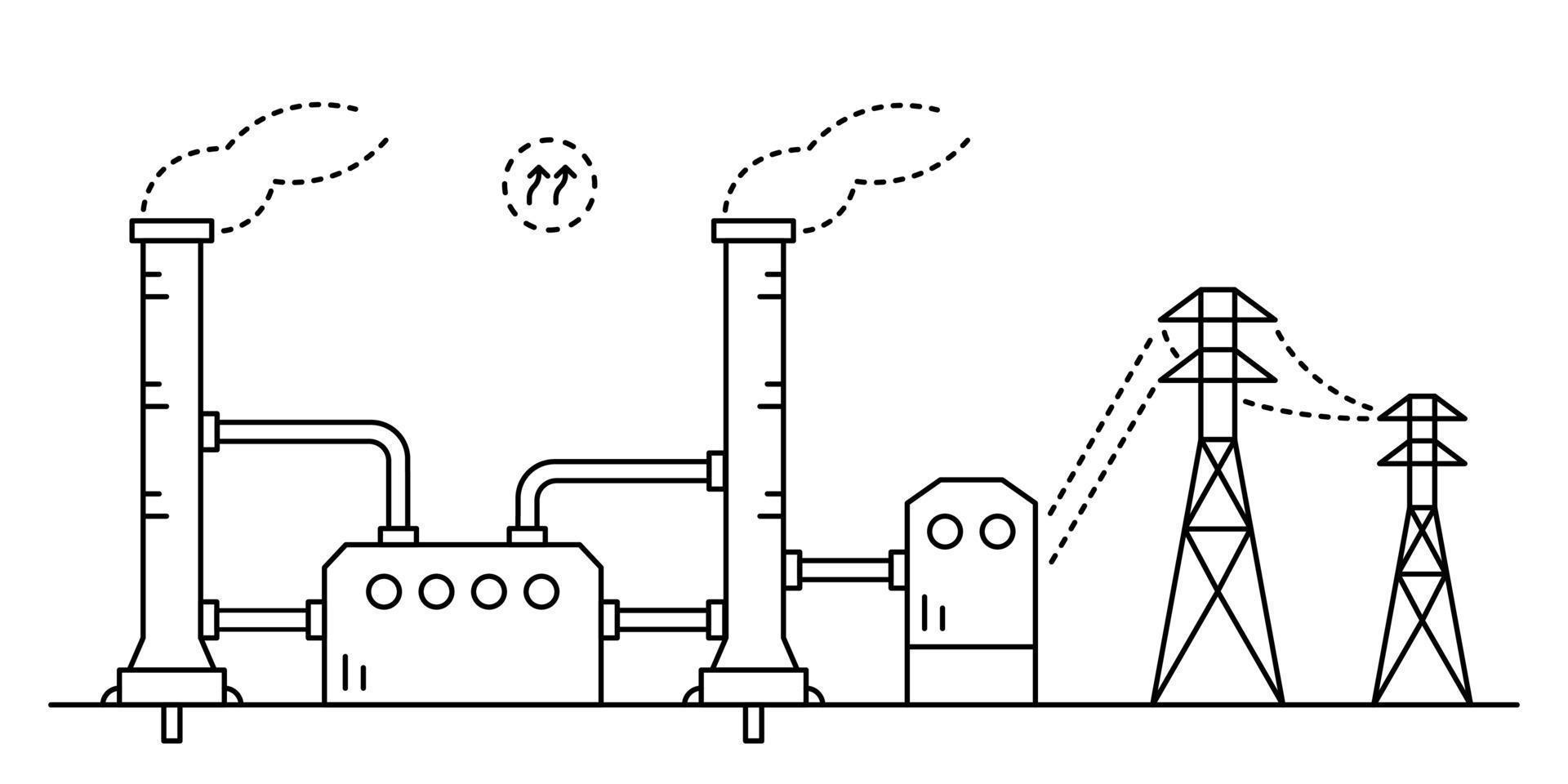 Geothermal power station drawing in line art style. Renewable energy source. vector