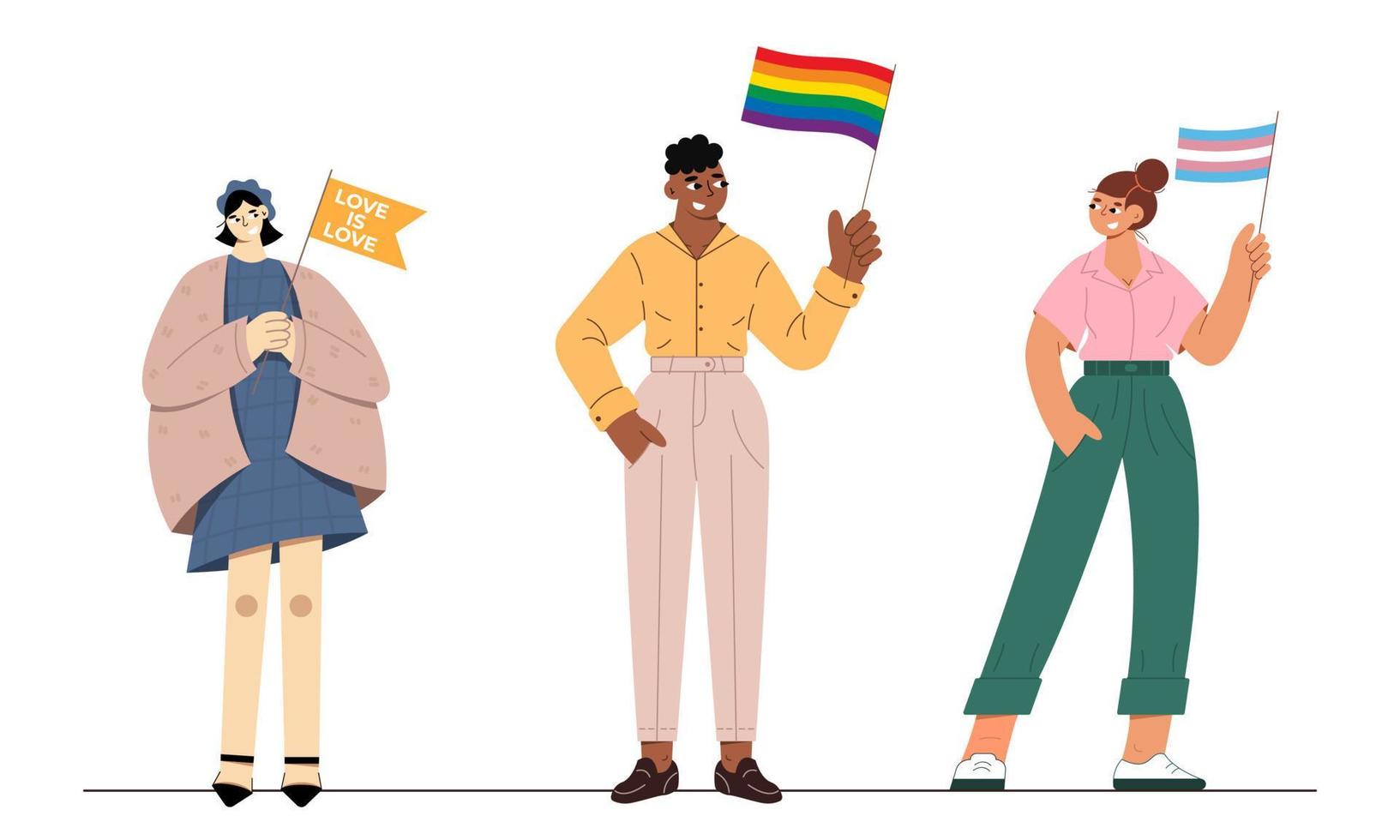 Transgender people with flags. LGBTQ pride month. vector