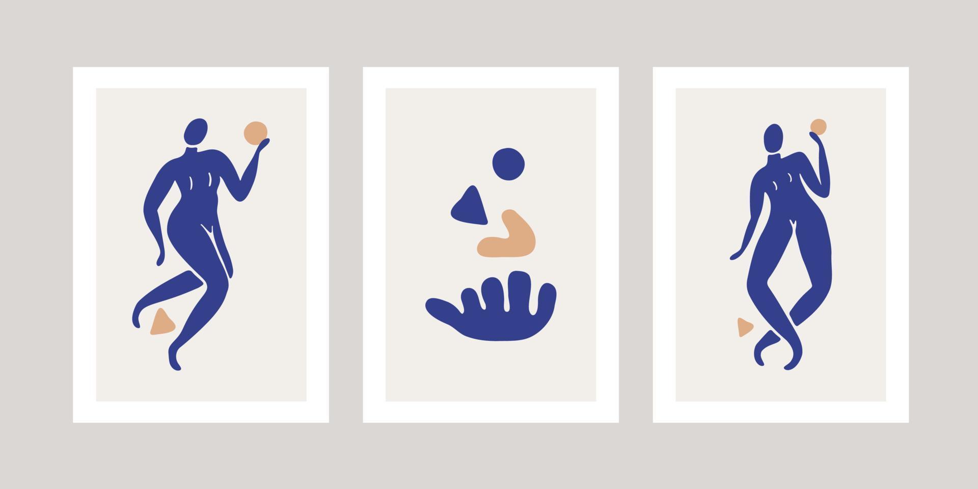 Set with abstract posters with one woman silhouettes and sea shapes. vector