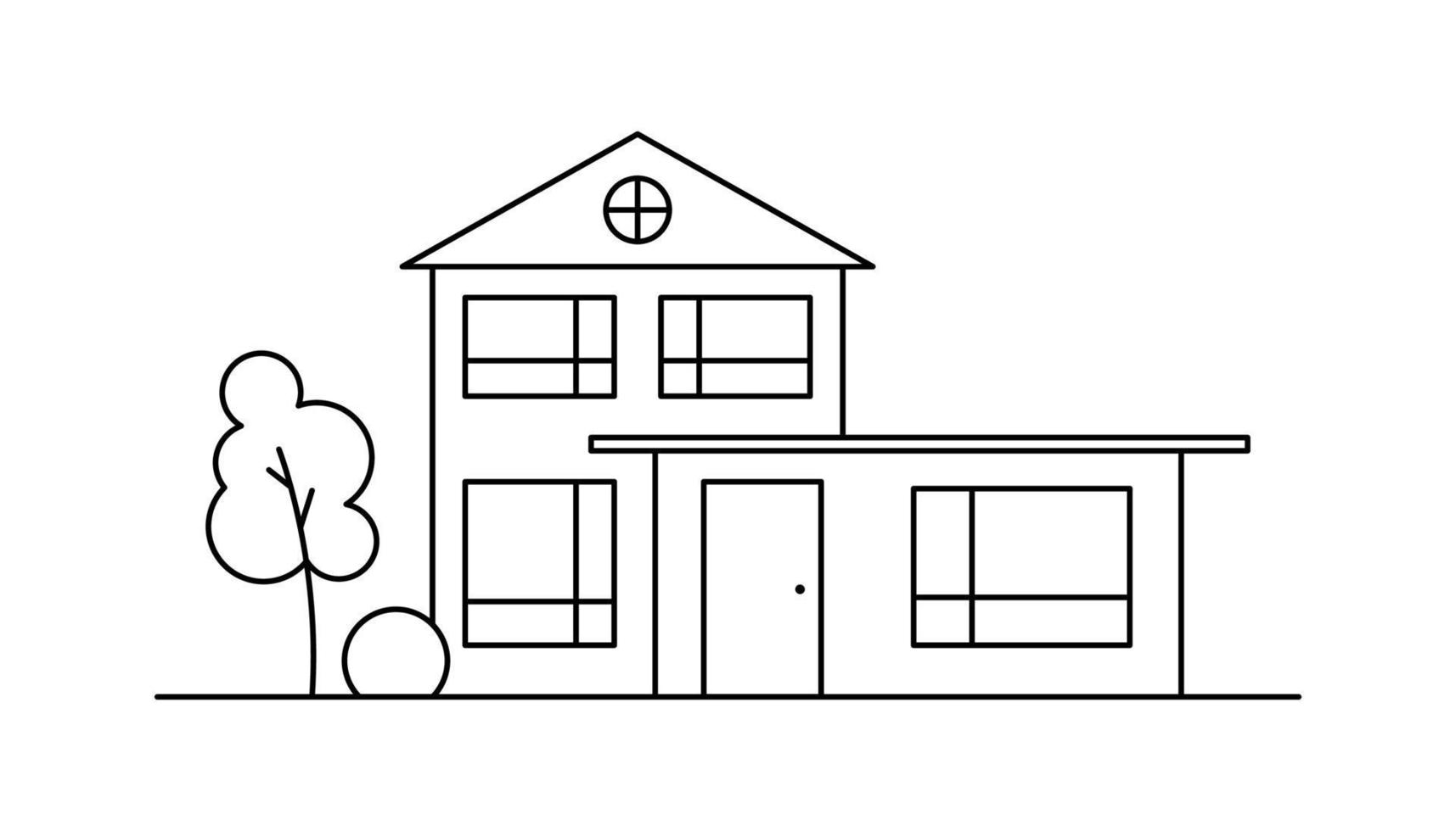 Line art vector neighborhood illustration with one house and a tree.