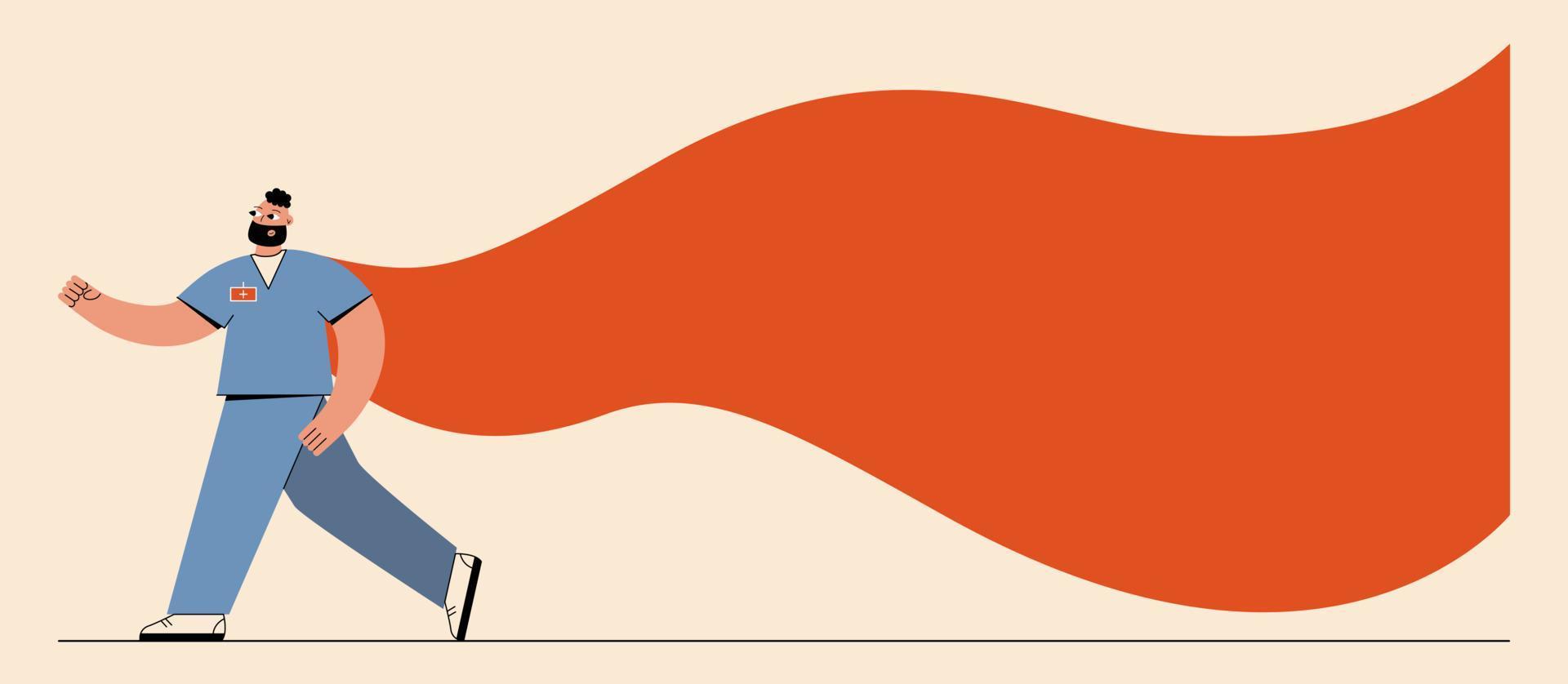 Web banner with Super Hero doctor. Worker cape person. vector