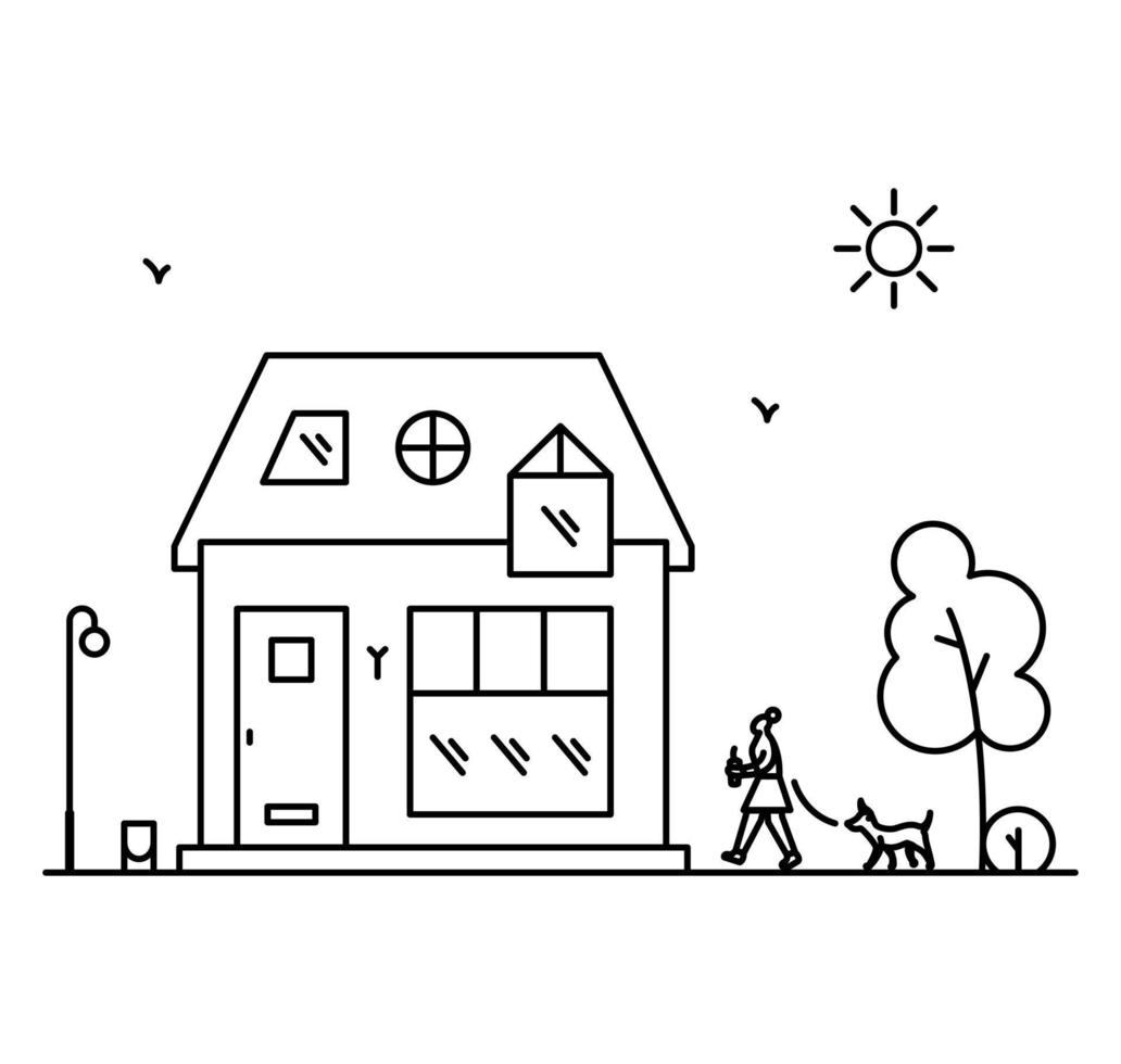 Line art vector neighborhood illustration with house.