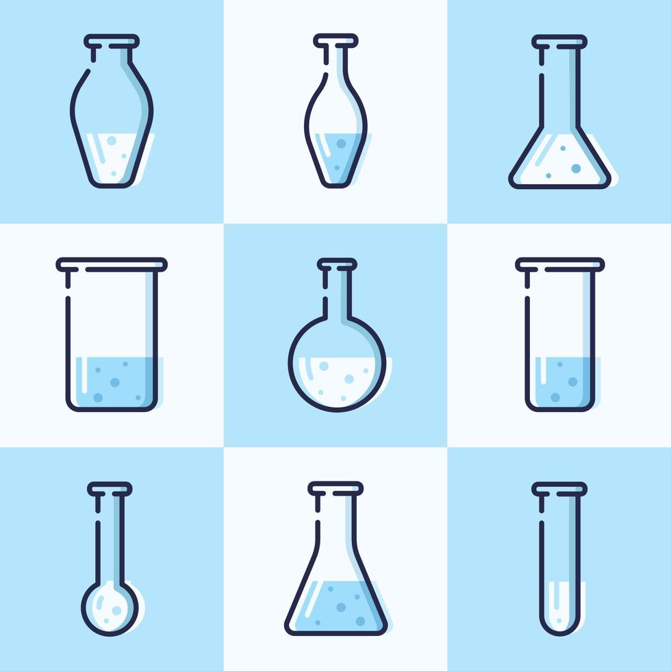 matraces de química de vidrio. conjunto de nueve tubos de vidrio diferentes. vector