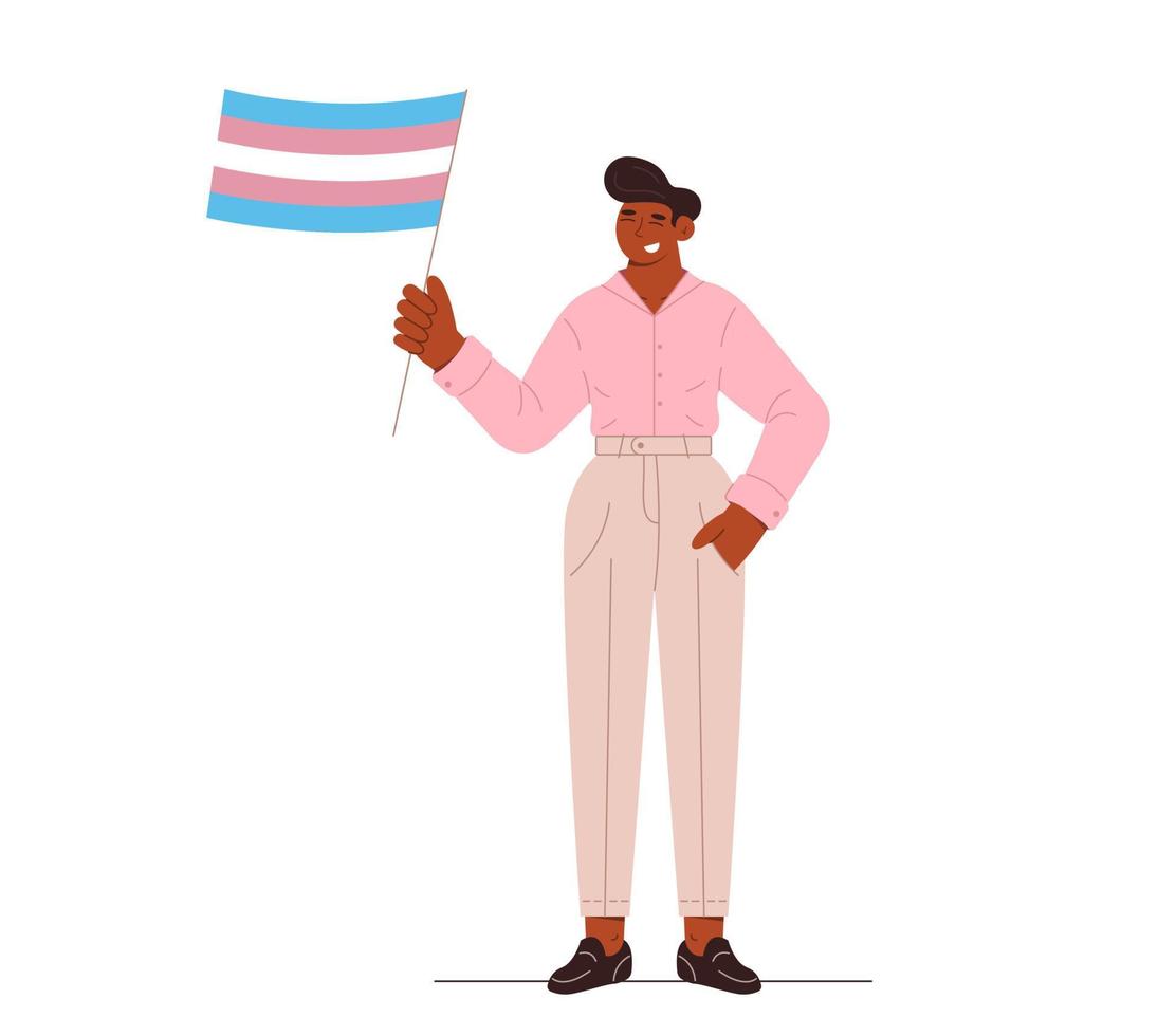 Transgender person holds flag at street demonstration in support of LGBT rights. vector