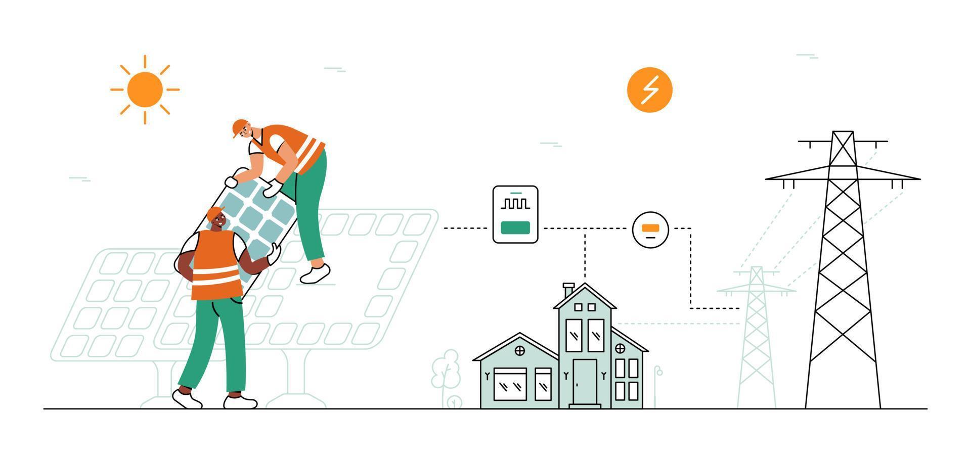 los trabajadores colocan un panel en una planta de energía solar. esquema de la central eléctrica. energía inteligente y verde. vector