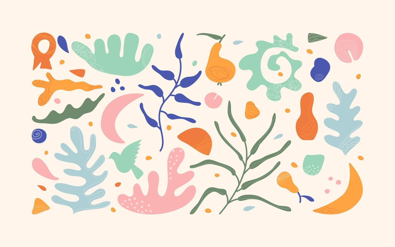 Hand-drawn organic shapes in Matisse style. Abstract objects with textures, bird, shell, pear, coral, moon. vector